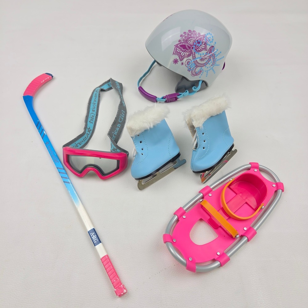 American Girl Doll Winter Sports Set Blue Pink Ice Skates Helmet Hockey Stick